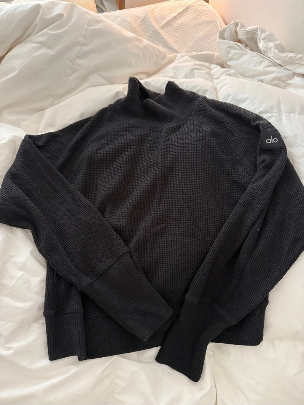 ALO Yoga Black Waffle-Knit Mockneck